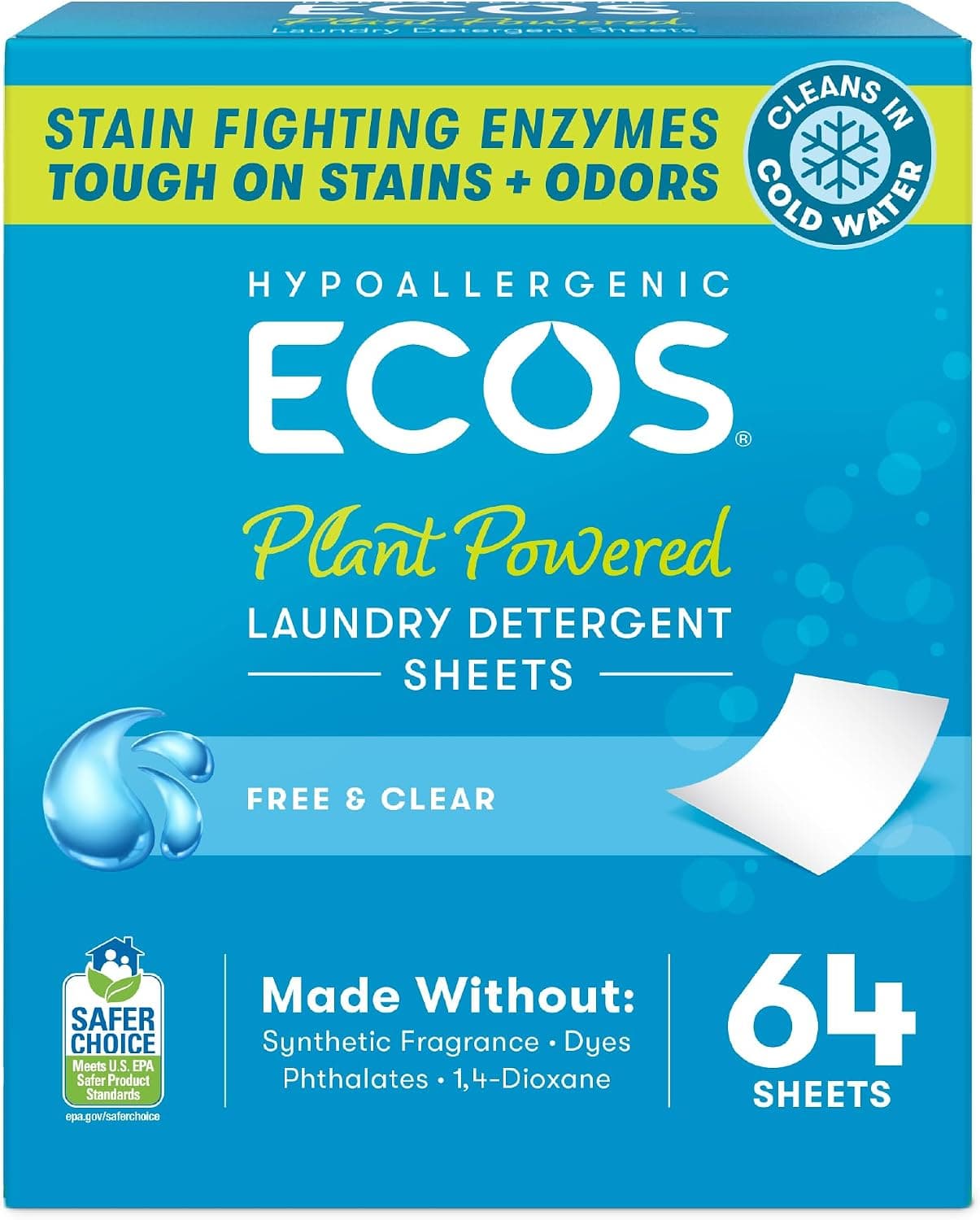 ECOS Detergent Sheets, Free and Clear, 64 count