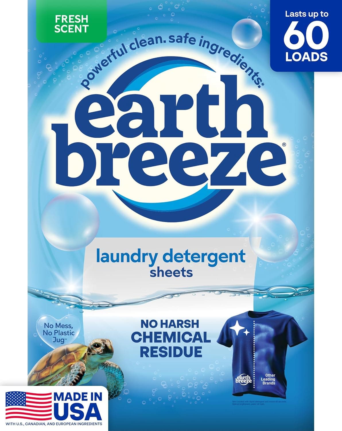 Earth Breeze Detergent Sheets, Fresh Scent, 60 loads