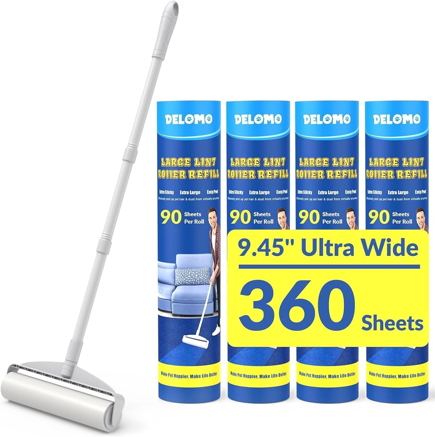 DELOMO Large Lint Roller, 9.45 in head, 45 in handle