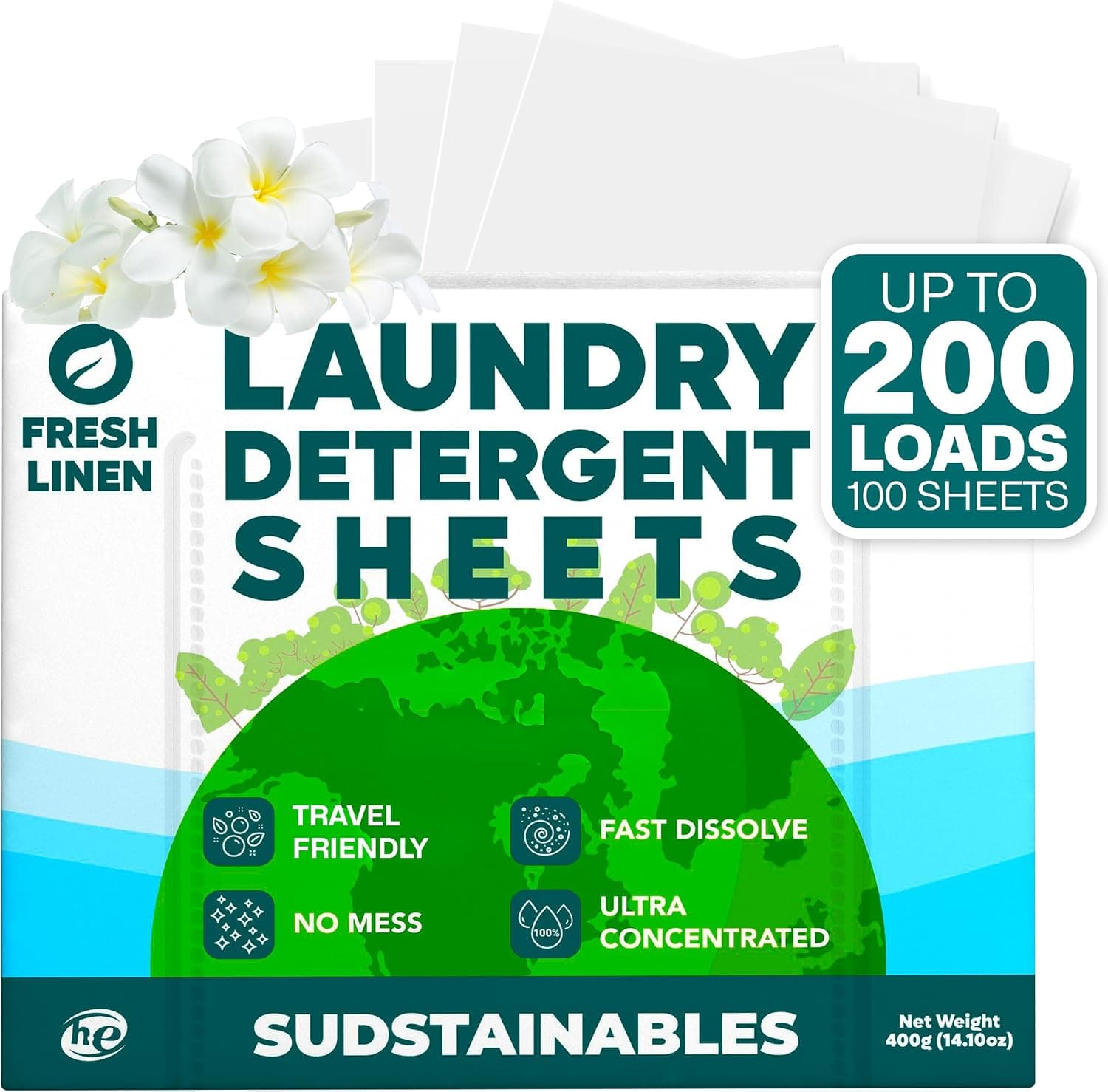 Sudstainables Detergent Sheets, Fresh Linen, 200 loads